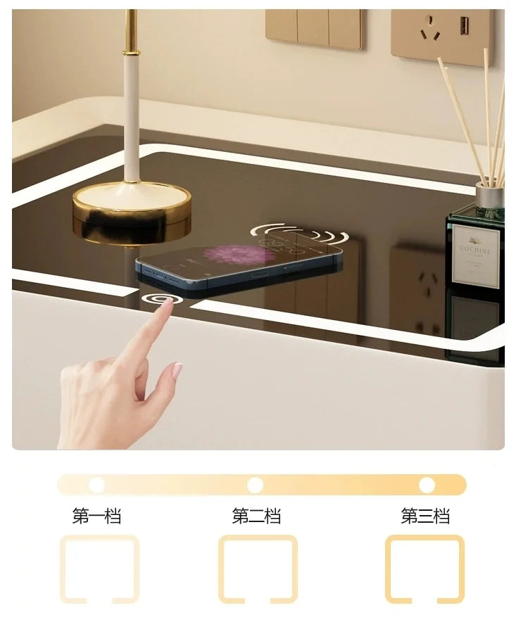 Modern Style Solid Wood Bedside Table with Wireless Charging Smart 2 Drawers Bedroom Nightstands with Lock 40cm