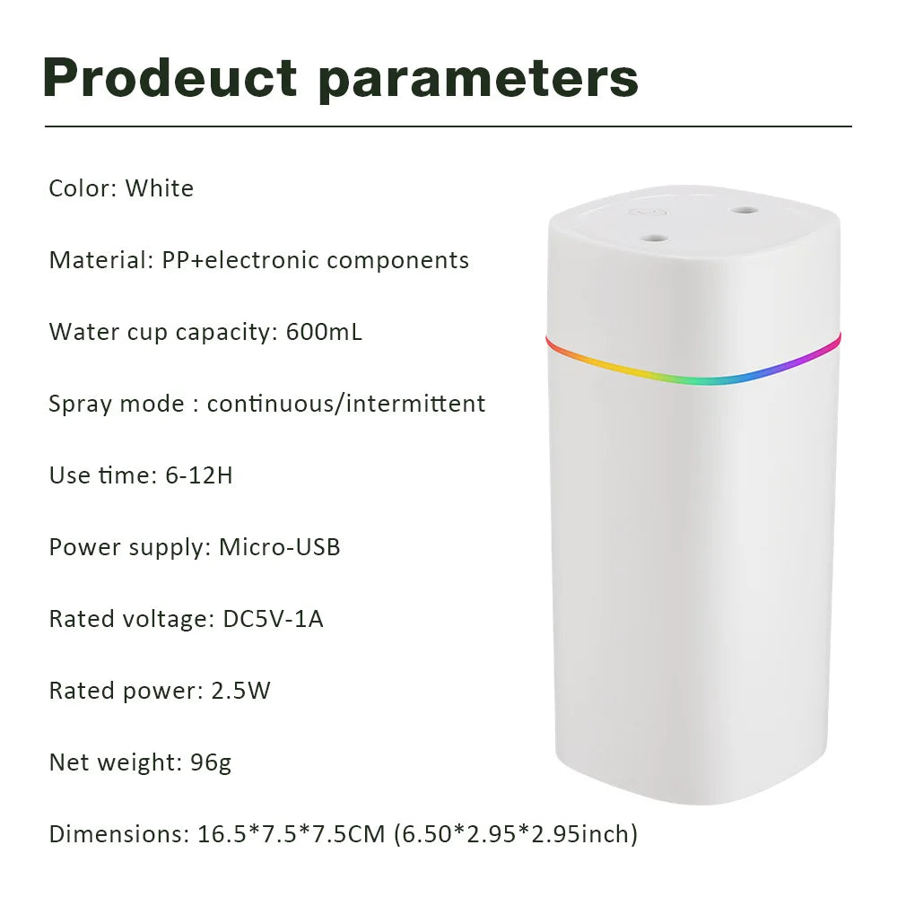 600ML Air Humidifier USB Charging Essential Oil Purifier Aroma Diffuser Aromatherapy Mist Maker Lights for Home Office Car