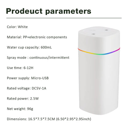 600ML Air Humidifier USB Charging Essential Oil Purifier Aroma Diffuser Aromatherapy Mist Maker Lights for Home Office Car
