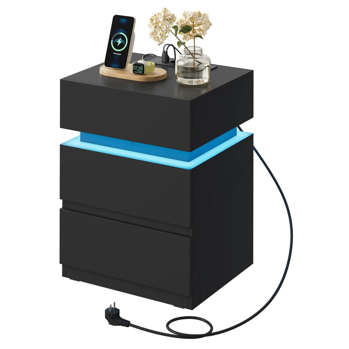 WOLTU Nightstand White/Black Bedside Table with LED Lighting 2 Drawers USB Charging Function Narrow Sofa Table