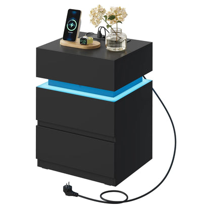 WOLTU Nightstand White/Black Bedside Table with LED Lighting 2 Drawers USB Charging Function Narrow Sofa Table