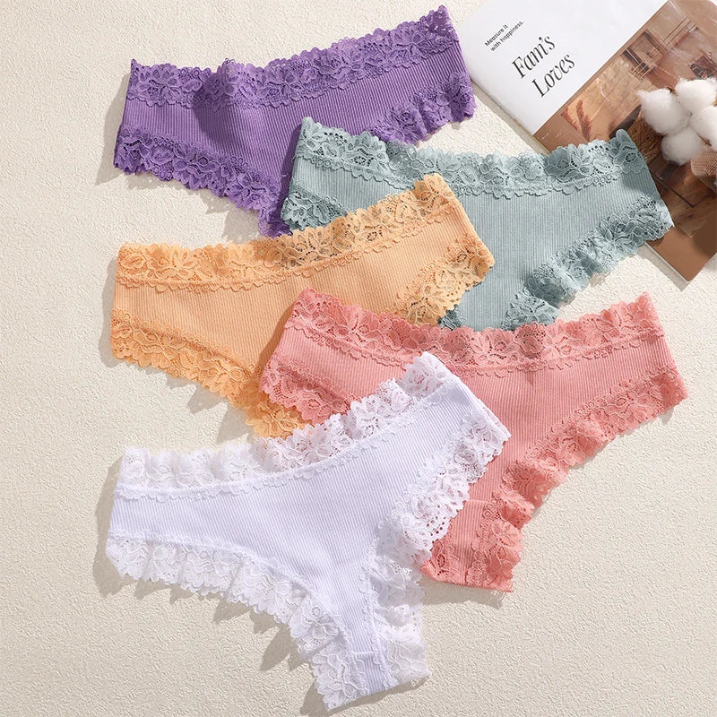 FINETOO 5PCS Sexy Lace Cotton Panties Women Brazilian Panties Ladies Sexy Low Waist Elastic T-Back Bikini Solid Soft Lingerie