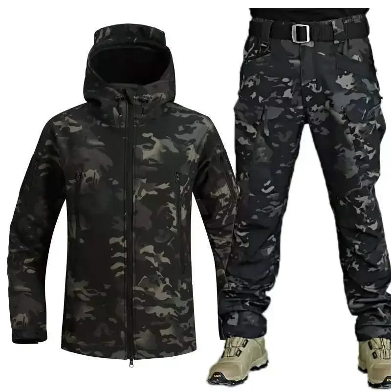 5XL 6XL Winter Waterproof Tactical Jackets Sets Men Outdoor Soft Shell Hiking Hunting Jacket Suit Fleece Cargo Pant Tracksuits