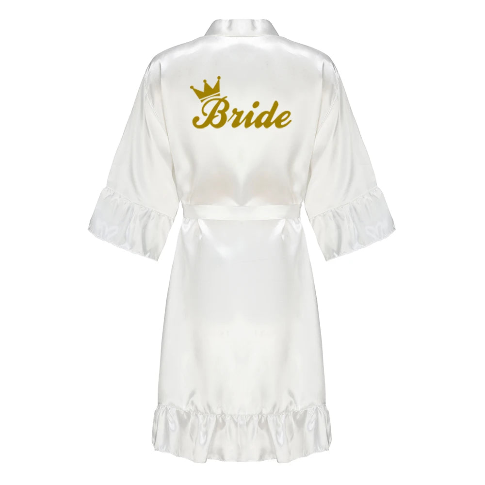 Green Bridesmaid Mother of The Bride Robes With Ruffle White Letters Satin Bridal Party Bathrobe Wedding Gift