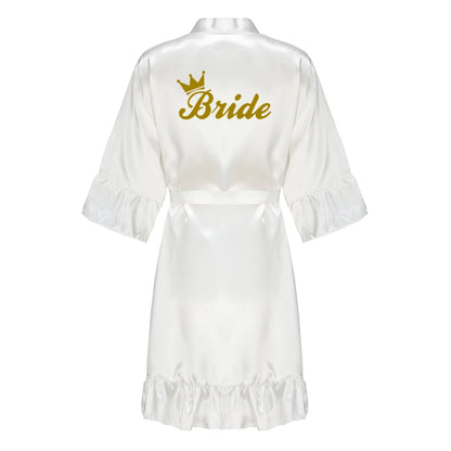 Green Bridesmaid Mother of The Bride Robes With Ruffle White Letters Satin Bridal Party Bathrobe Wedding Gift