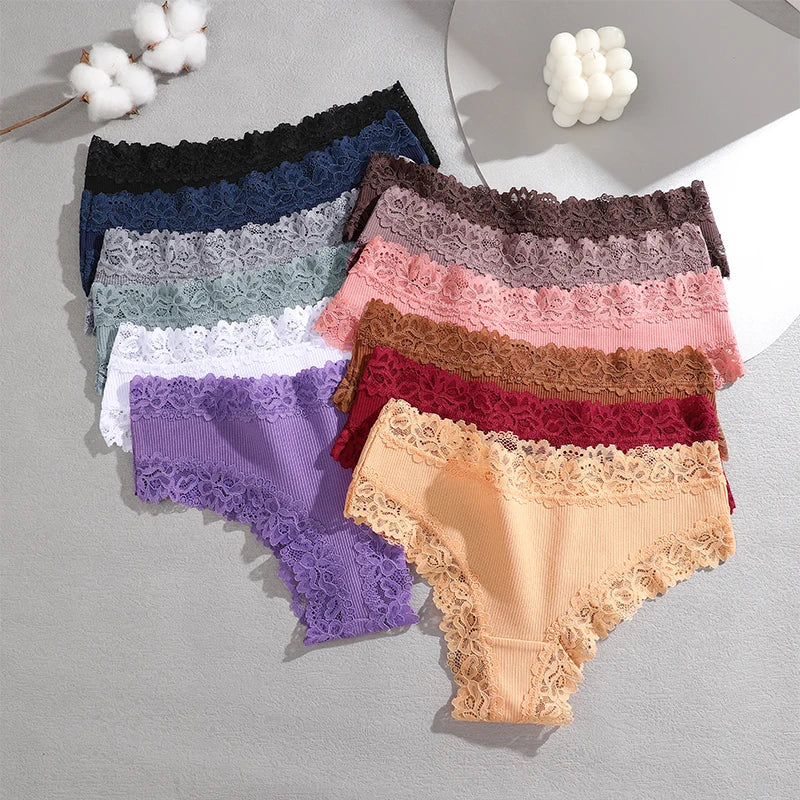FINETOO 5PCS Sexy Lace Cotton Panties Women Brazilian Panties Ladies Sexy Low Waist Elastic T-Back Bikini Solid Soft Lingerie