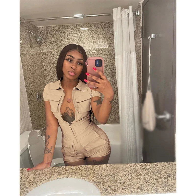 Streetwear Zipper Pockets Shorts Jumpsuit Women Clothing Short Sleeve Skinny Cargo Playsuit Summer Casual One Pieces Romper