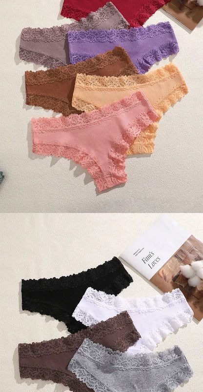 FINETOO 5PCS Sexy Lace Cotton Panties Women Brazilian Panties Ladies Sexy Low Waist Elastic T-Back Bikini Solid Soft Lingerie