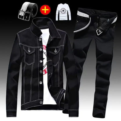 Spring Autumn Mens Denim Jacket + Jeans Pants Set Fashion Letters Printed Coat Trousers Two Piece Denim suit