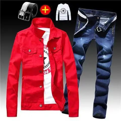 Spring Autumn Mens Denim Jacket + Jeans Pants Set Fashion Letters Printed Coat Trousers Two Piece Denim suit