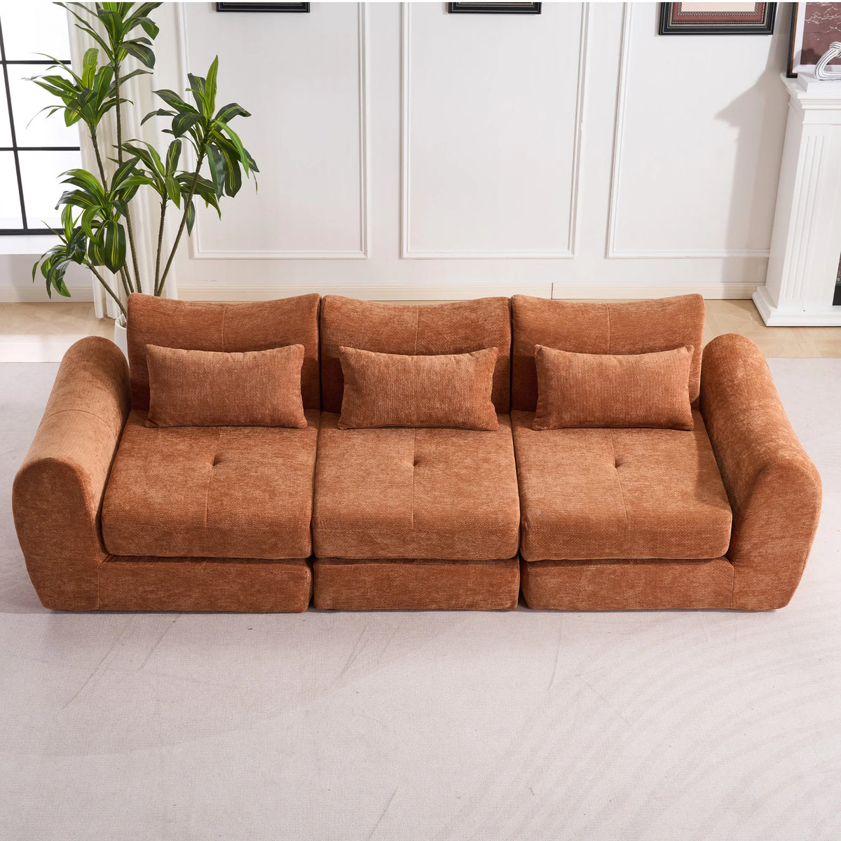 Orange Comfort Compressed Sofa,3 Seats No Assembly Required Sofa Bed,Black Chenille Free Combination For Living Room, Apartment