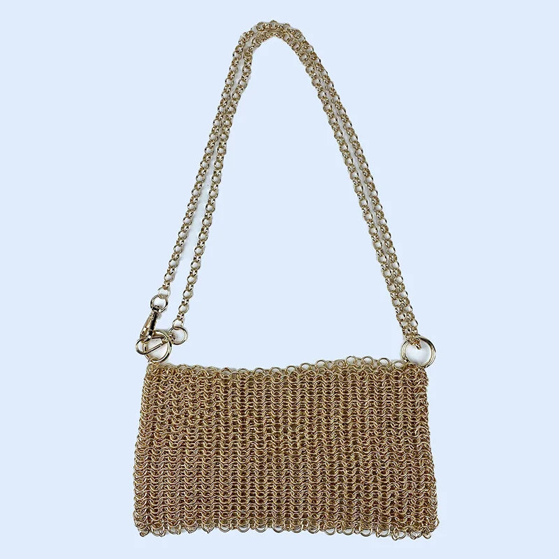 Metallic Hauberk Shoulder Bag Woven Ring Tote Chain Mail Designer Purses and Handbags Handmade Hollow Crossbody Bags for Women