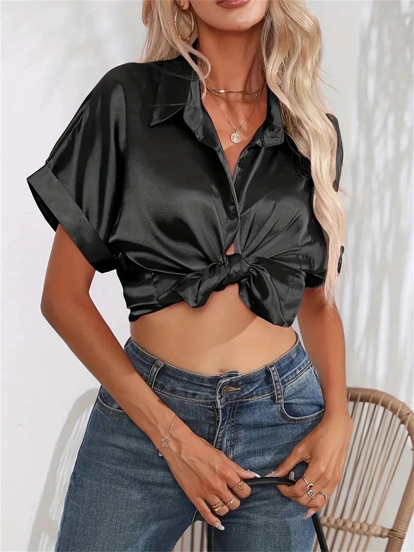 Casual Turn-Down Collar Button Front Solid Color Short Sleeved Satin Shirt Women Summer Blouse