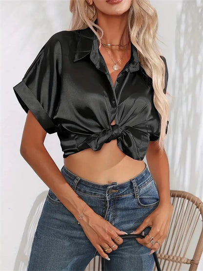 Casual Turn-Down Collar Button Front Solid Color Short Sleeved Satin Shirt Women Summer Blouse