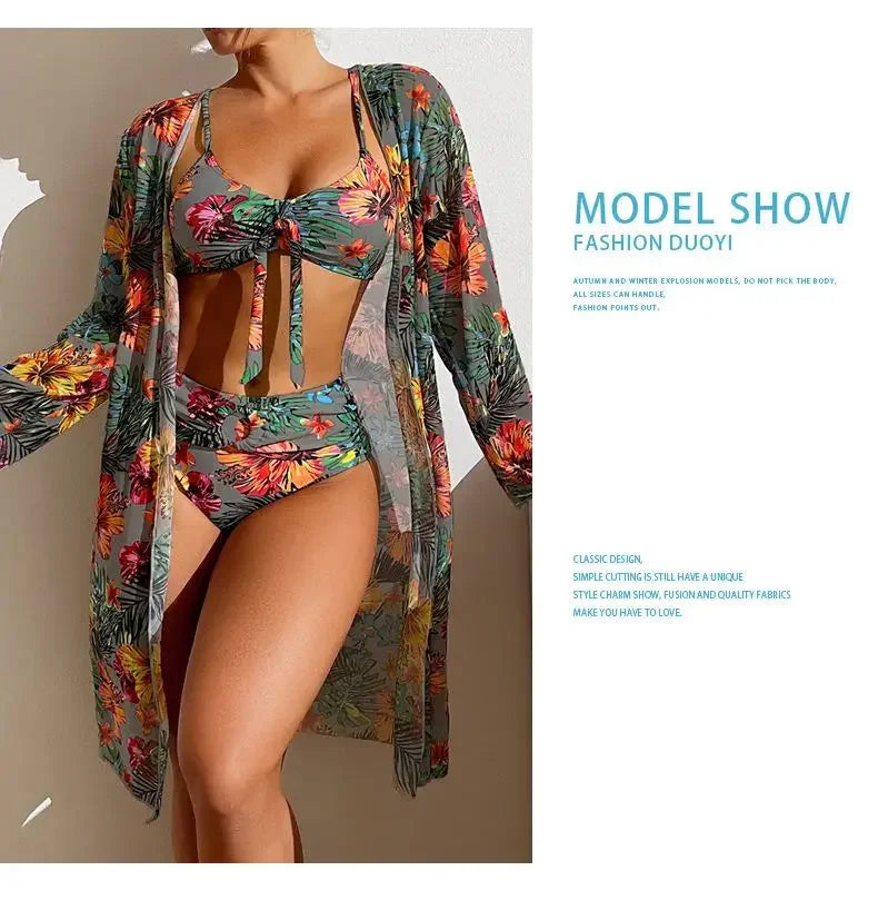 Size S-3XL Bikini Three Pieces Floral Printed Swimsuit Women Bikini Set With Mesh Long-Sleeved Blouse,Bra Top with Pad Swimwear