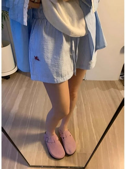 HOUZHOU Blue Striped Letter Embroidery Shorts Women Wide Leg Korean Fashion Short Pants Drawstring Baggy Casual Jorts Summer