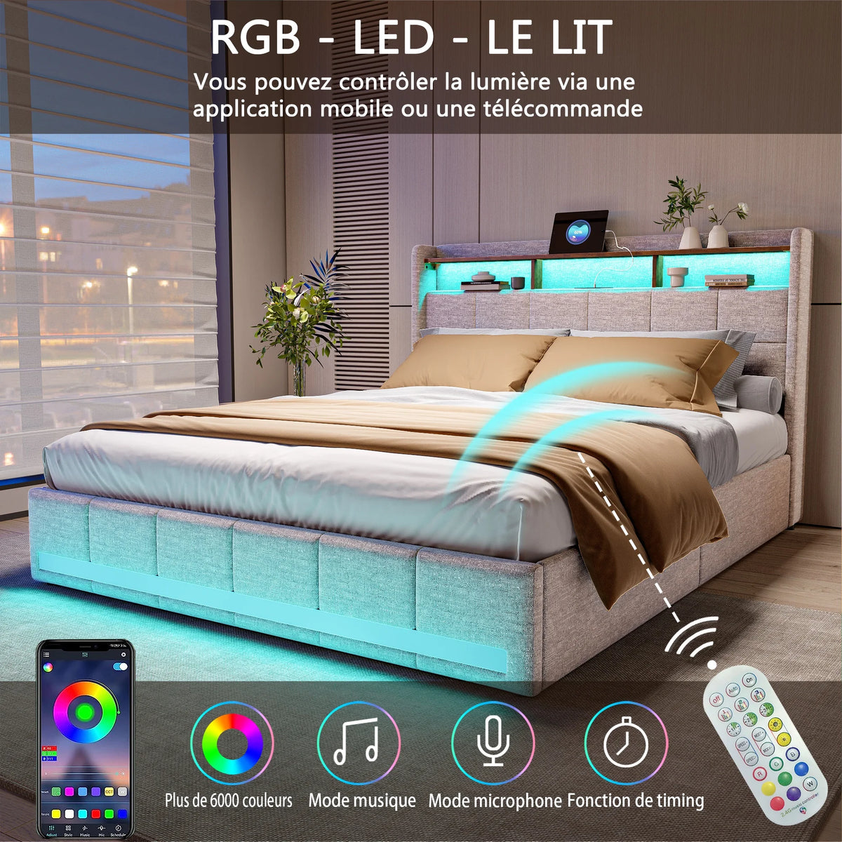 Rosahqnda Upholstered Double Bed 160 x 200 cm, Bed 180 x 200 cm with Storage Box, Storage Bed with 4 Drawers and LED Lighting
