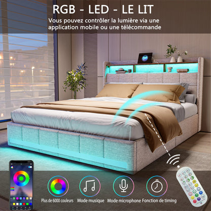 Rosahqnda Upholstered Double Bed 160 x 200 cm, Bed 180 x 200 cm with Storage Box, Storage Bed with 4 Drawers and LED Lighting