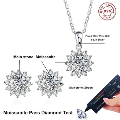 NeeTim 0.5ct 1ct 2ct 3ct Moissanite Jewelry Set 925 Silver with Gold Plated Flower Pendant Necklace Stud Earrings Sets for Women