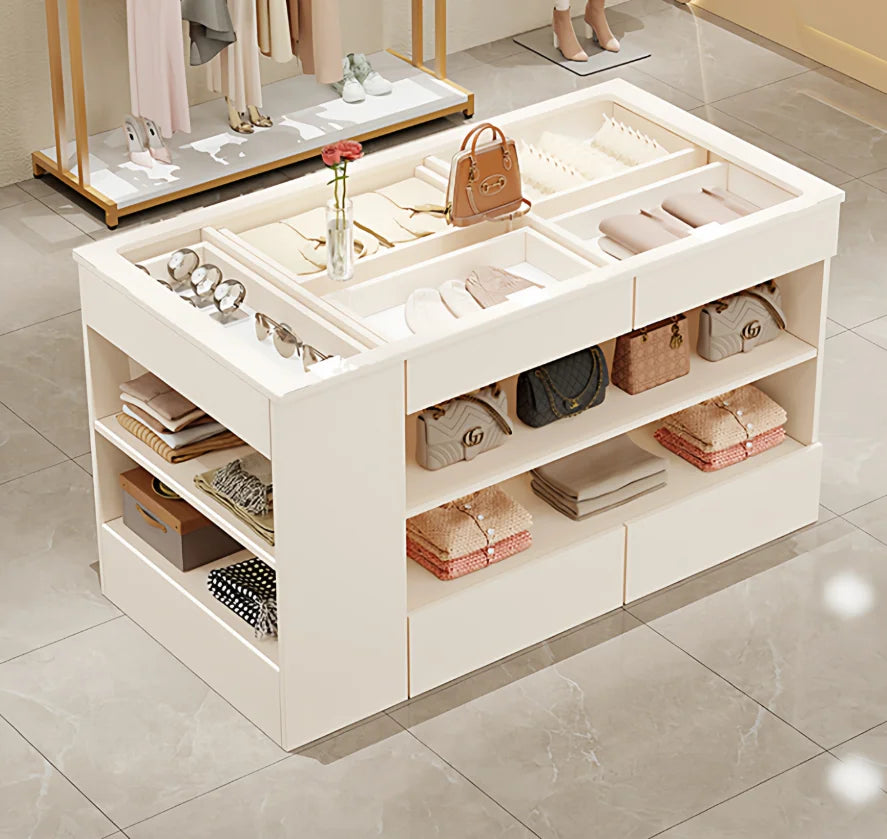 %a Wardrobe Armoire Bedroom Island with Glass Top, Glass Display Shelf &amp; 6 Drawers, Wooden Closet Storage Cabinet with Open She