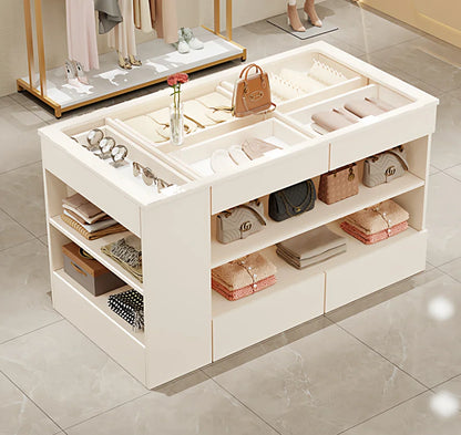 %a Wardrobe Armoire Bedroom Island with Glass Top, Glass Display Shelf &amp; 6 Drawers, Wooden Closet Storage Cabinet with Open She