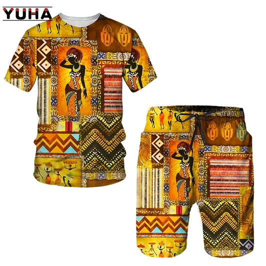 YUHA,Newest African Print Women's/Men's T-shirts Sets Africa Dashiki Men’s Tracksuit/Vintage Tops Sport And Leisure Summer Male