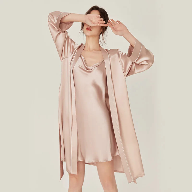 BirdTree, 100%Real Silk Simple Night-robe, Women V Neck Long Sleeve, Elegant Sexy Pajamas Robe, 2024 Summer Autumn New P469123QM