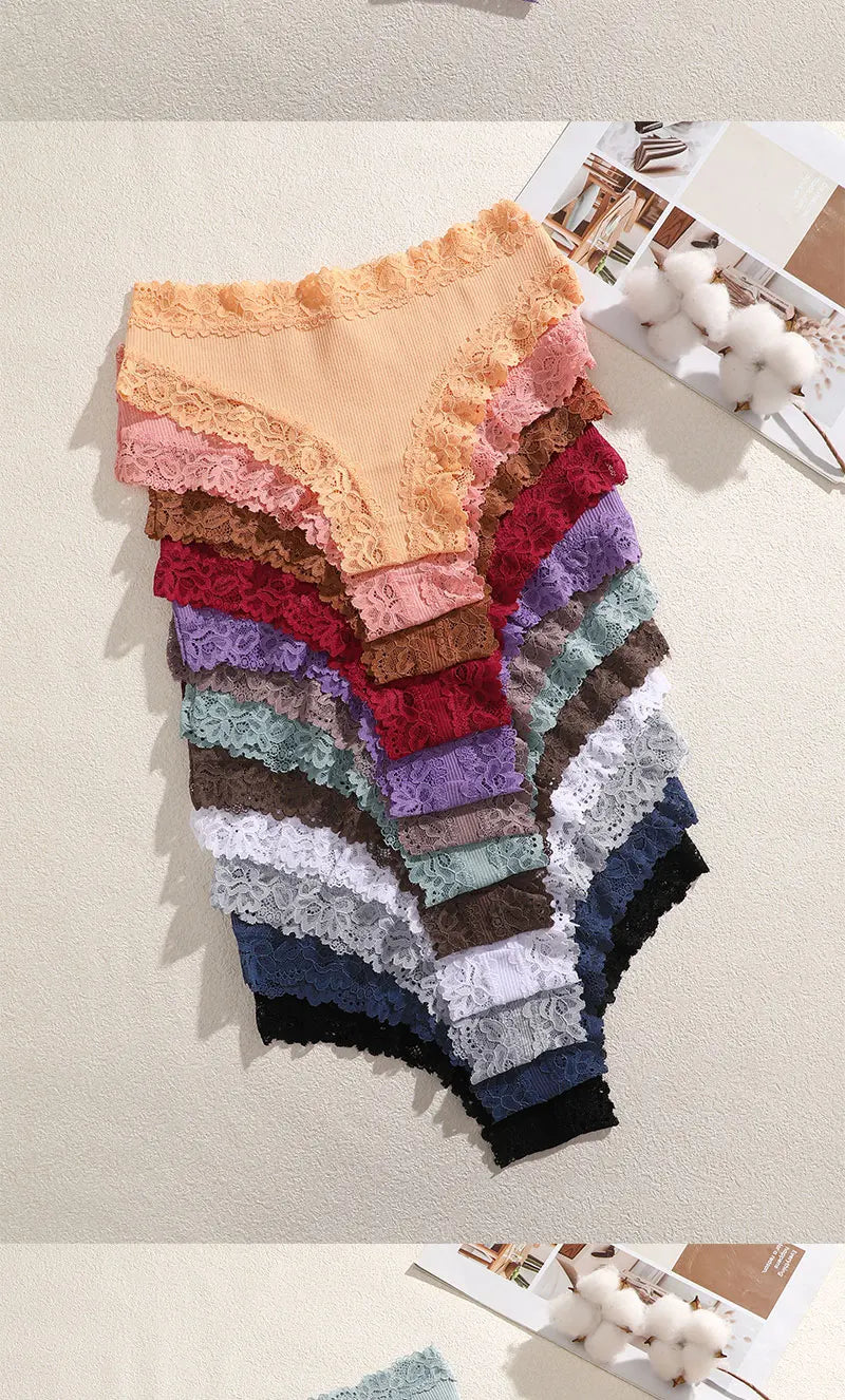 FINETOO 5PCS Sexy Lace Cotton Panties Women Brazilian Panties Ladies Sexy Low Waist Elastic T-Back Bikini Solid Soft Lingerie