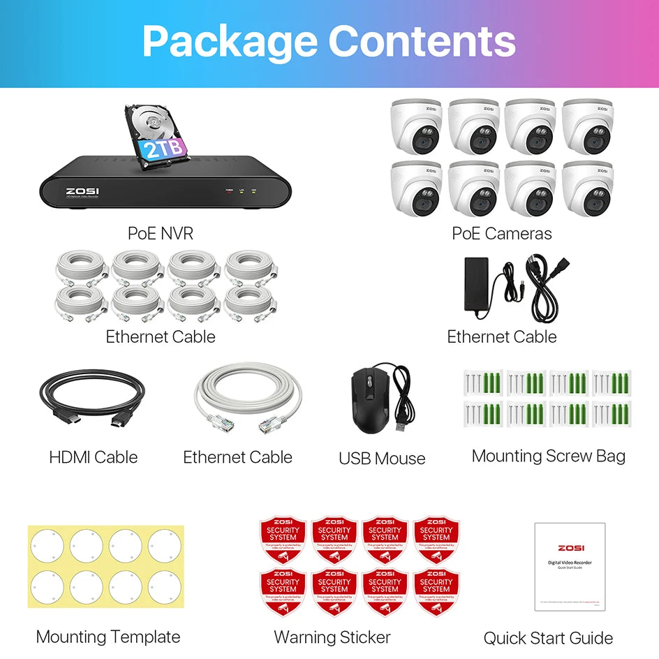 ZOSI 8CH 3K PoE Security Camera System 3K 5MP 8 Channel NVR 4MP HD Outdoor IP Cameras Dome Home CCTV Video Surveillance Kit