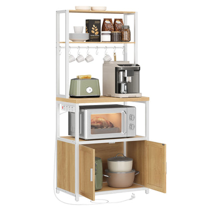 Kitchen Shelf with Power Strip, 8 Hooks, 40 x 60 x 170 cm, Rustic Brown and Ink Black/ Oak Gold and Cloud White