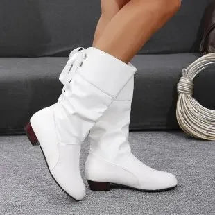 Shoes For Women 2025 Spring Knee High Boots Red Black White Tall Boots Woman Pleated Low Heel Casual Leather Female Long Shoes