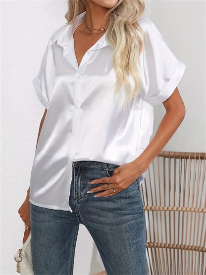 Casual Turn-Down Collar Button Front Solid Color Short Sleeved Satin Shirt Women Summer Blouse