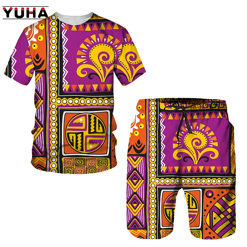 YUHA,Newest African Print Women's/Men's T-shirts Sets Africa Dashiki Men’s Tracksuit/Vintage Tops Sport And Leisure Summer Male