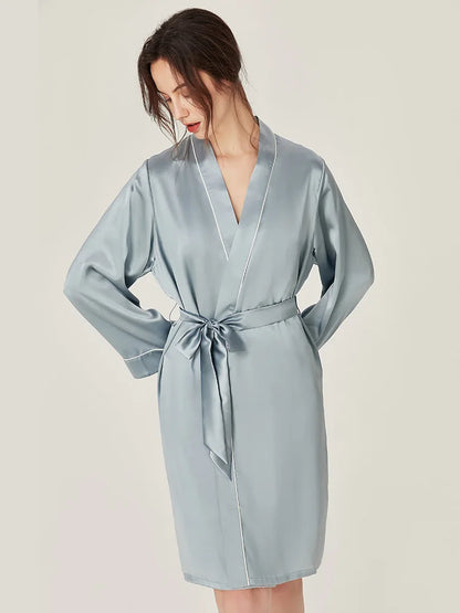 BirdTree, 100%Real Silk Simple Night-robe, Women V Neck Long Sleeve, Elegant Sexy Pajamas Robe, 2024 Summer Autumn New P469123QM