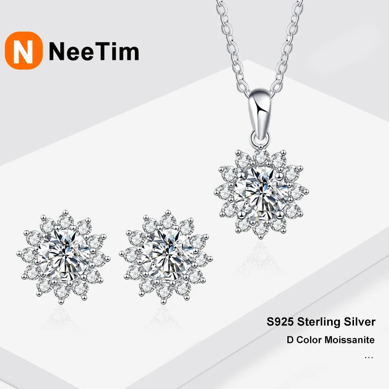 NeeTim 0.5ct 1ct 2ct 3ct Moissanite Jewelry Set 925 Silver with Gold Plated Flower Pendant Necklace Stud Earrings Sets for Women