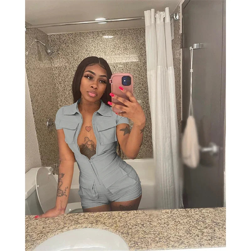 Streetwear Zipper Pockets Shorts Jumpsuit Women Clothing Short Sleeve Skinny Cargo Playsuit Summer Casual One Pieces Romper