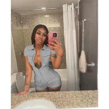 Streetwear Zipper Pockets Shorts Jumpsuit Women Clothing Short Sleeve Skinny Cargo Playsuit Summer Casual One Pieces Romper