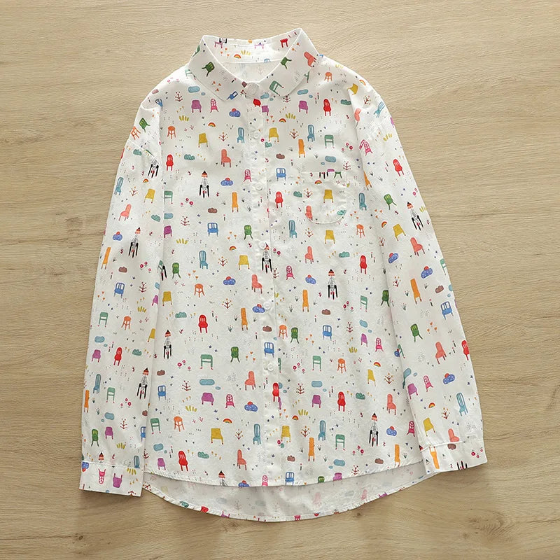 2026 Spring New Women Printed Shirts Long Sleeve Blouses Lazy Lady Tops Casual Female Clothes