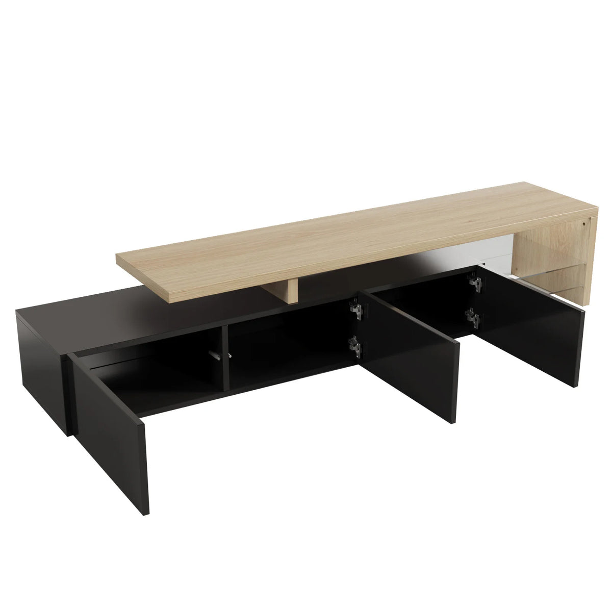 Rosahqnda TV Cabinet for Living Room,TV Lowboard with LED,Sideboard,2 Glass Partition,3 Drawers,White/Black High Gloss
