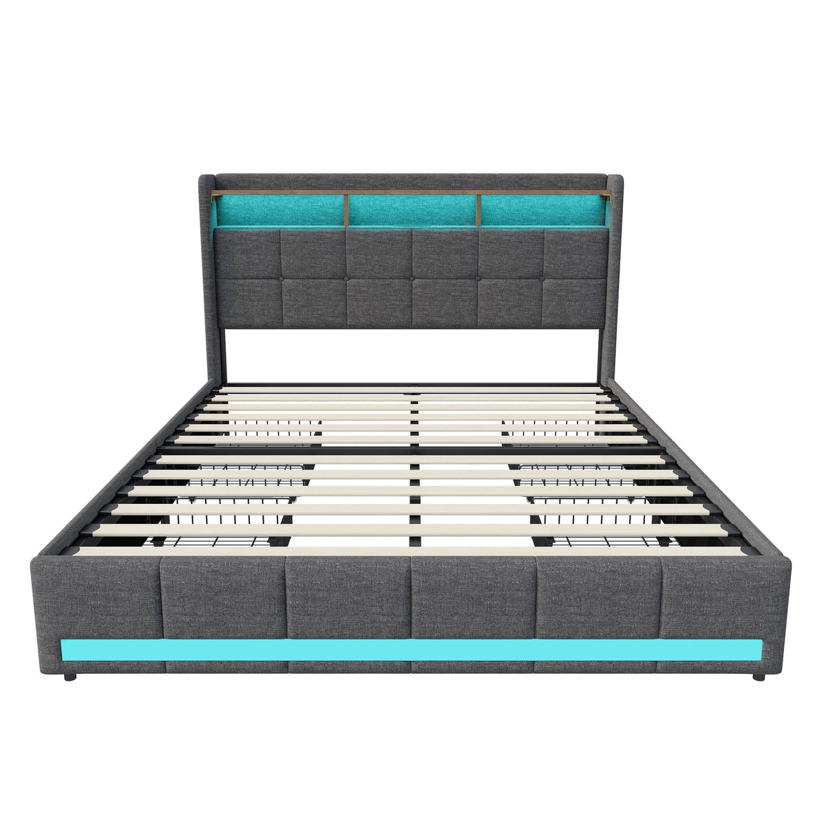 Rosahqnda Upholstered Double Bed 160 x 200 cm, Bed 180 x 200 cm with Storage Box, Storage Bed with 4 Drawers and LED Lighting