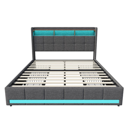 Rosahqnda Upholstered Double Bed 160 x 200 cm, Bed 180 x 200 cm with Storage Box, Storage Bed with 4 Drawers and LED Lighting