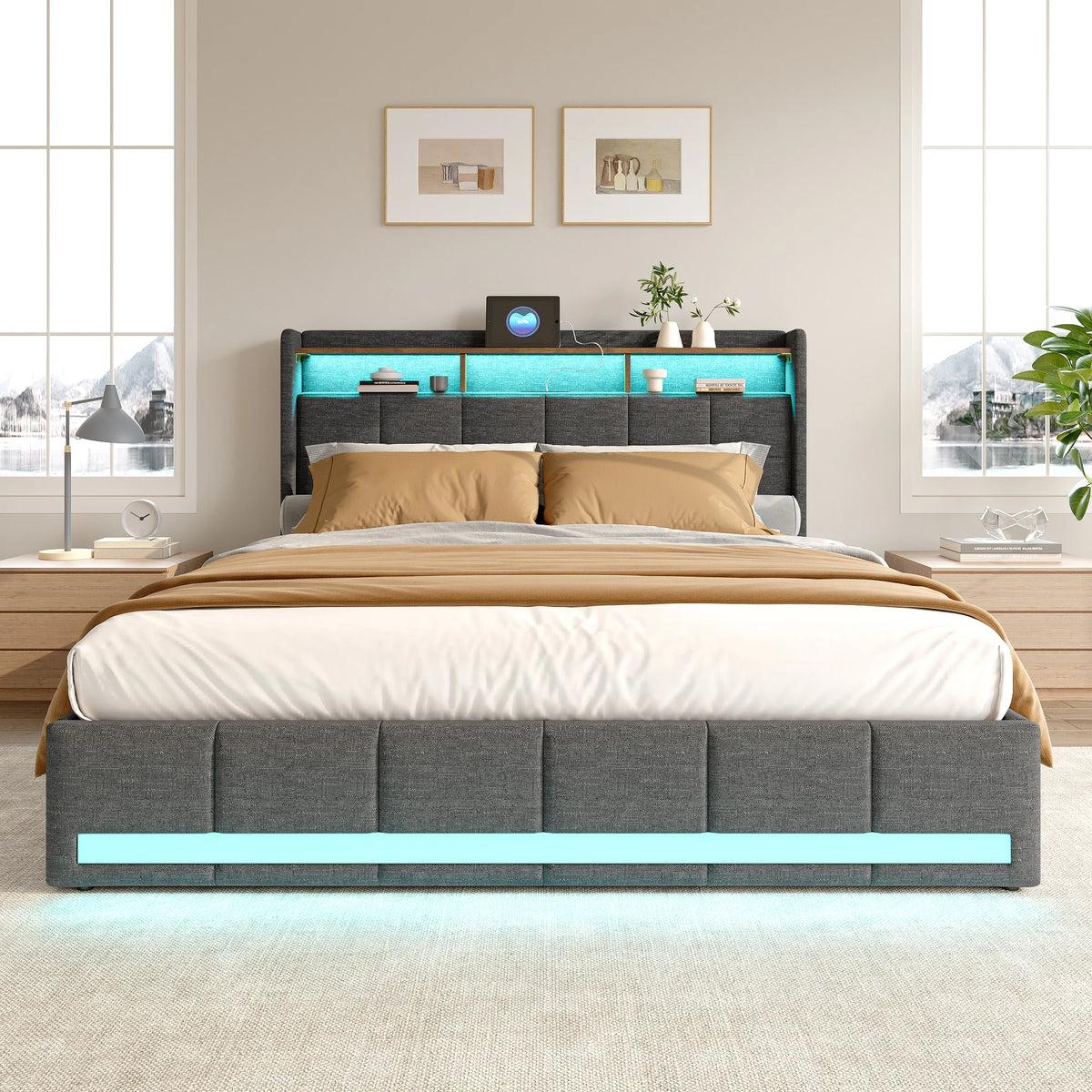 Rosahqnda Upholstered Double Bed 160 x 200 cm, Bed 180 x 200 cm with Storage Box, Storage Bed with 4 Drawers and LED Lighting
