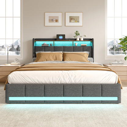 Rosahqnda Upholstered Double Bed 160 x 200 cm, Bed 180 x 200 cm with Storage Box, Storage Bed with 4 Drawers and LED Lighting