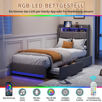 Rosahqnda Upholstered Double Bed 160 x 200 cm, Bed 180 x 200 cm with Storage Box, Storage Bed with 4 Drawers and LED Lighting