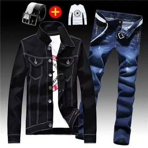 Spring Autumn Mens Denim Jacket + Jeans Pants Set Fashion Letters Printed Coat Trousers Two Piece Denim suit