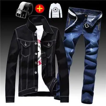 Spring Autumn Mens Denim Jacket + Jeans Pants Set Fashion Letters Printed Coat Trousers Two Piece Denim suit