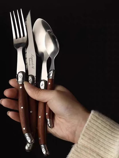 24pcs Laguiole Cutlery set Luxury Rose Wood Handle Dinnerware Stainless steel Tableware 6 Steak Knife 6 Fork 6 Spoon 6 Teaspoon