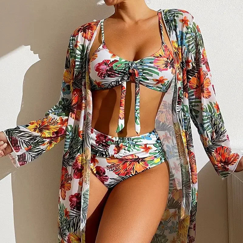 Size S-3XL Bikini Three Pieces Floral Printed Swimsuit Women Bikini Set With Mesh Long-Sleeved Blouse,Bra Top with Pad Swimwear
