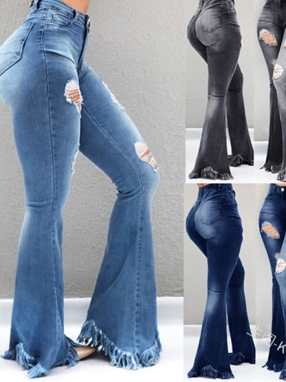 Ripped Jean Distressed Flare Full Length Women Denim Pants Hole Pockets High Waist Washed Bleached Loose Basics 2024 Solid