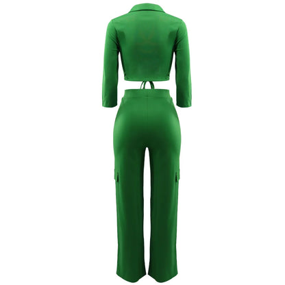 Elegant Office Women Two Piece Sets Autumn V Turn-down Neck Half Sleeve Drawstring Lace Up Short Shirt + Wide Leg Trousers Set